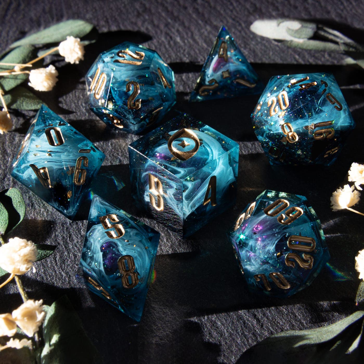 Myth Weaver — 7 Piece Set + Chonk, handmade resin dice