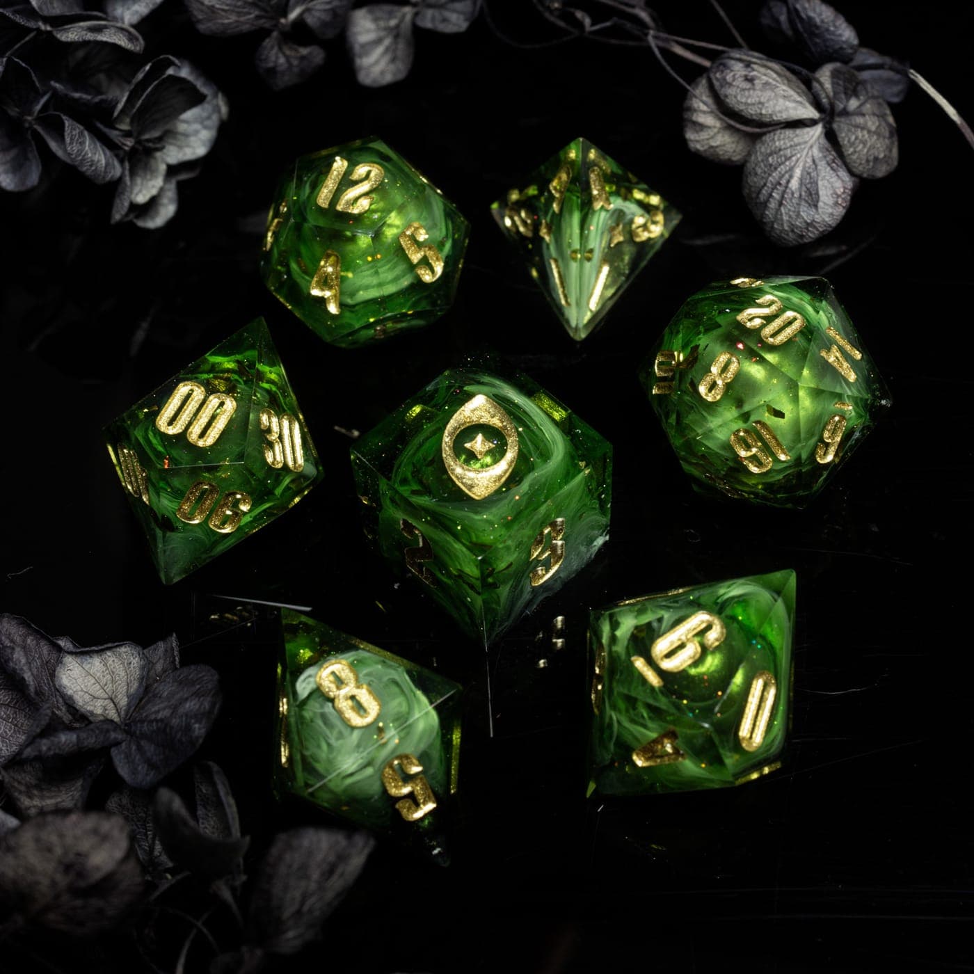 Golden Morning — 7 Piece Set, handmade resin dice