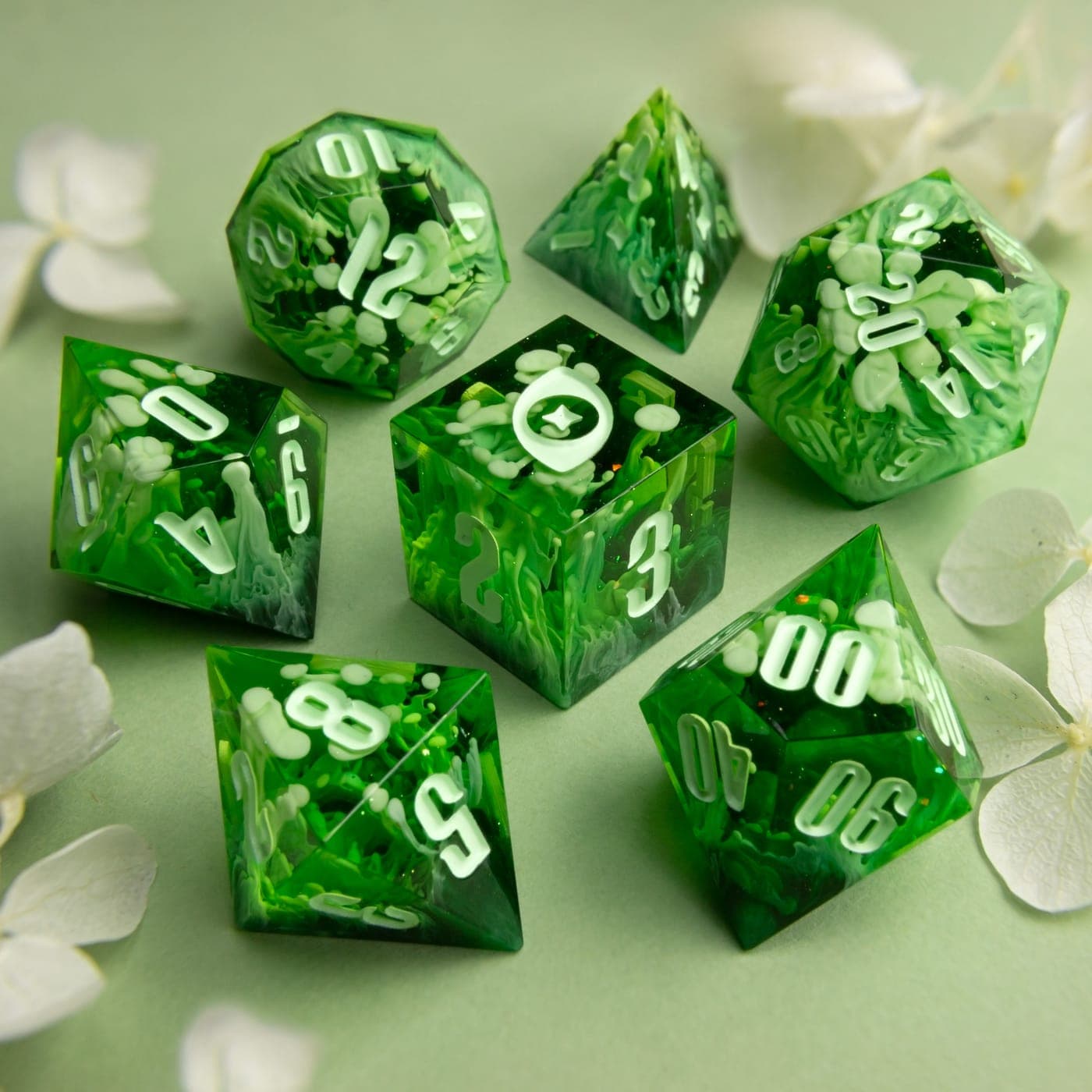 Verdant Enoki — 7 Piece Set, handmade resin dice