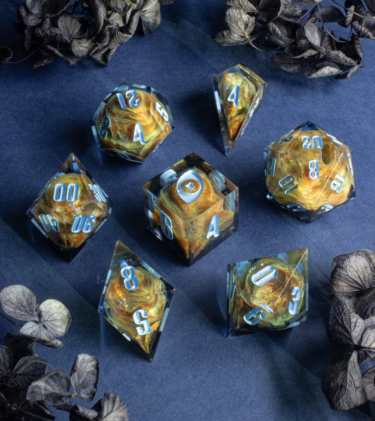 Sunspun Web — 7 Piece Set, handmade resin dice