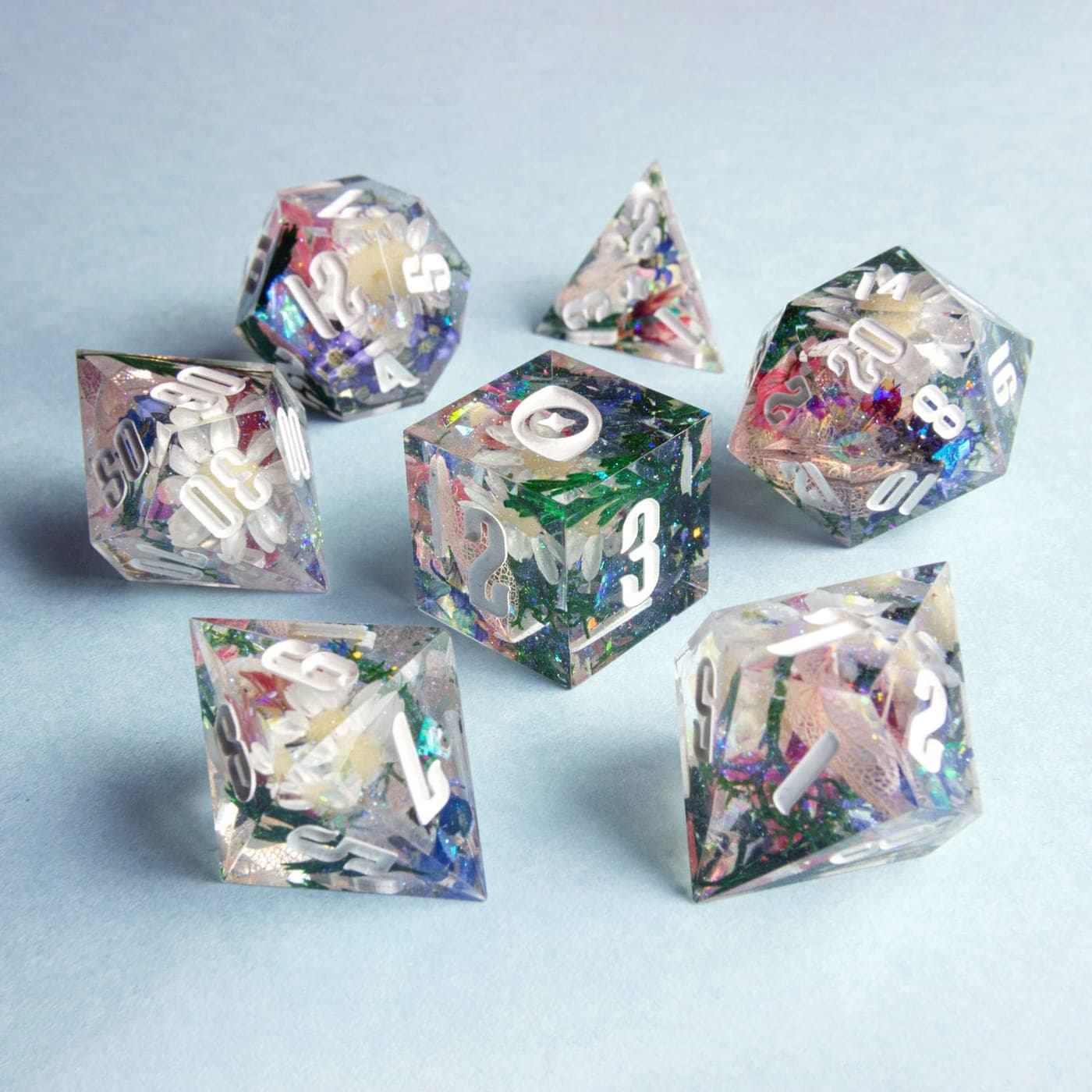 Floral Ataraxia — 7 Piece Set, handmade resin dice