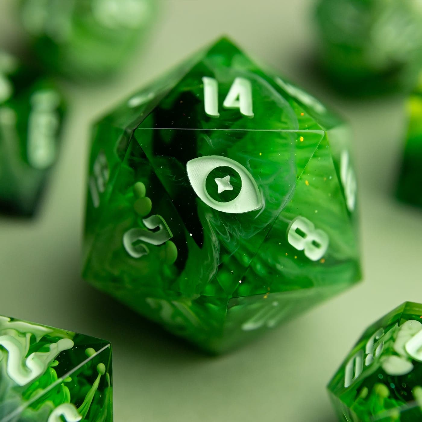 Verdant Enoki — D20 Chonk, handmade resin dice